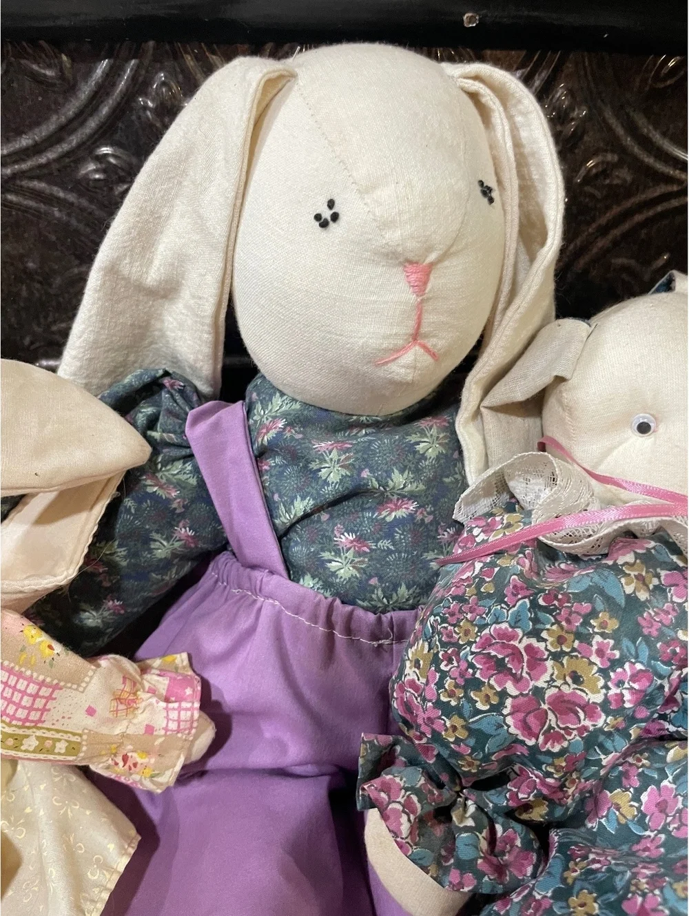Lot of 3 Vintage Country Bunny Rabbit Cloth Dolls Primitive Easter Farmhouse